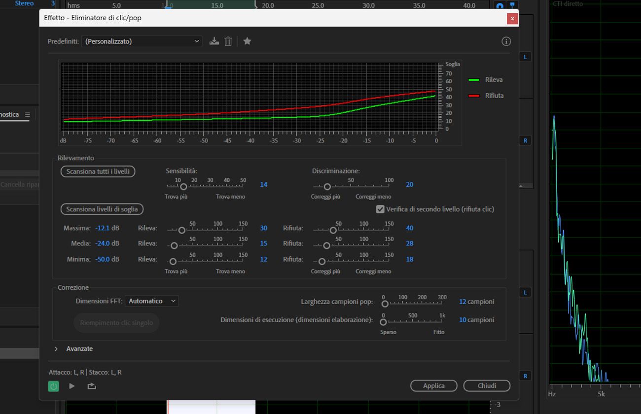 La finestra di dialogo dell'effetto Elimina clic/pop è aperta e sono disponibili options come Sensibilità, Discriminazione e Scansione per tutti i livelli.