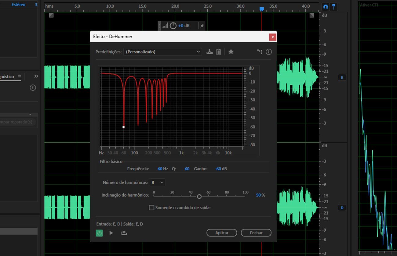 A caixa de diálogo do efeito DeHummer está aberta, e as opções para definir Frequência, Número de harmônicos, Inclinação harmônica e outras estão disponíveis para uso.