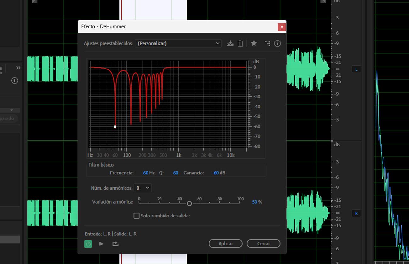El cuadro de diálogo del efecto DeHummer está abierto, y options para establecer Frecuencia, Número de armónicos, Pendiente armónica y otros están disponibles para su uso.