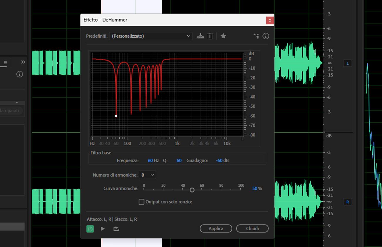La finestra di dialogo dell'effetto DeHummer è aperta e sono disponibili options per impostare Frequenza, Numero di armoniche, Pendenza armonica e altre.