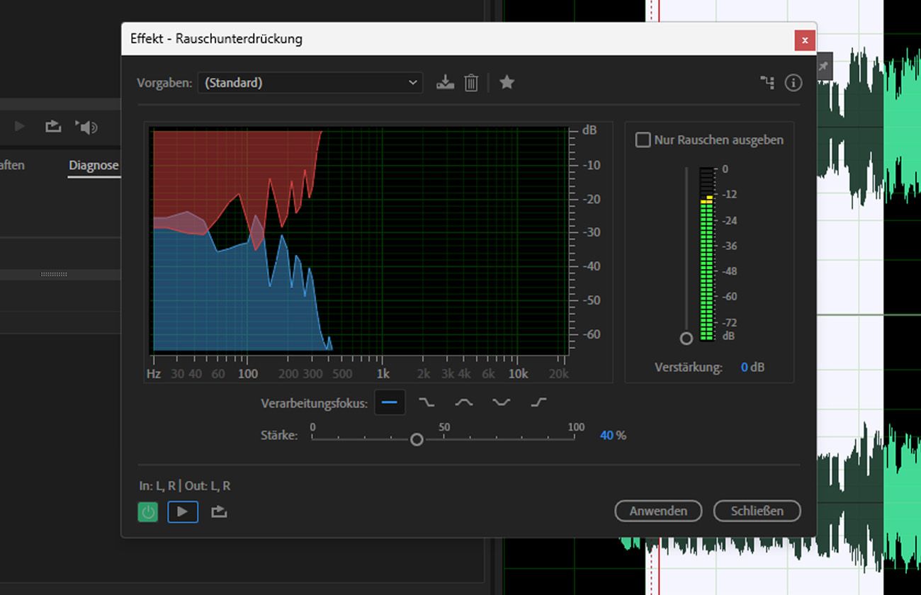 Das DeNoise-Effekt-Dialogfeld ist geöffnet und es gibt Steuerelemente, um Rauschen aus deiner Audio-Datei zu reduzieren oder vollständig zu entfernen.