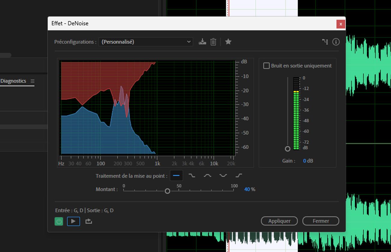 La boîte de dialogue de l'effet Réduction de bruit est ouverte et contient des commandes pour réduire ou supprimer complètement le bruit de votre fichier audio.