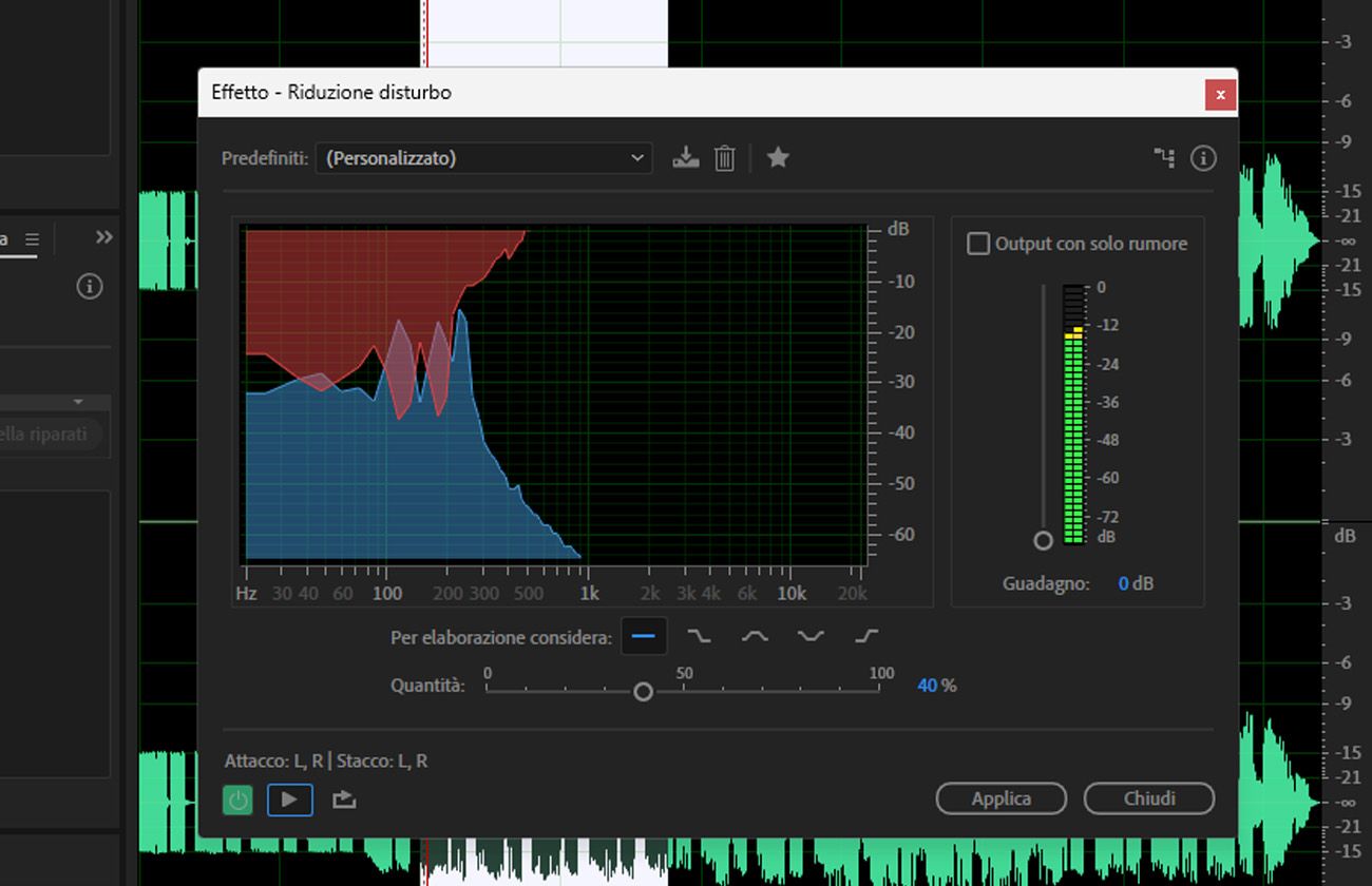 La finestra di dialogo dell'effetto DeNoise è aperta e sono presenti controlli per ridurre o rimuovere completamente il rumore dal file audio.