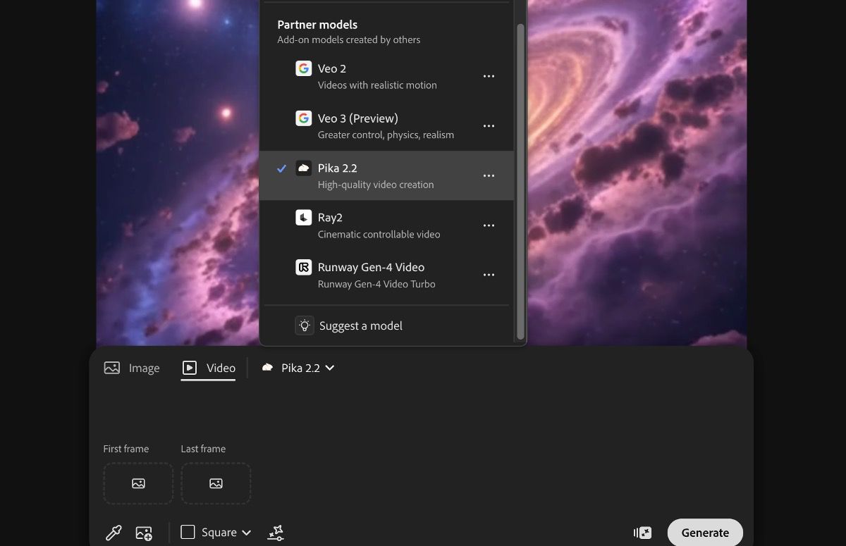 Um painel que mostra uma lista de modelos da Adobe e de parceiros para gerações de imagens e vídeos.