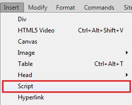 Insert > الخيار Script في Dreamweaver CC