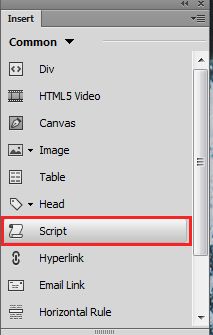 لوحة Insert > الخيار Script في Dreamweaver CC
