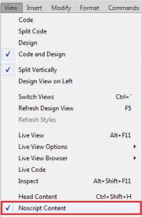 View > الخيار NoScript - قبل Dreamweaver CC