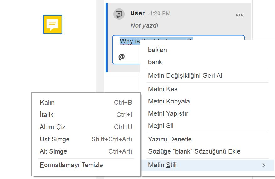Açılır metin ve formatlandırma seçenekleriyle 