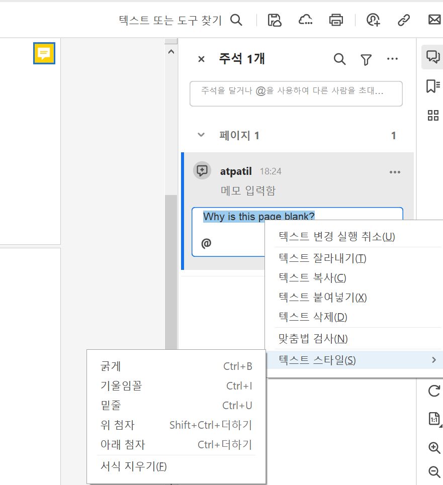 팝업 텍스트 및 서식 옵션 