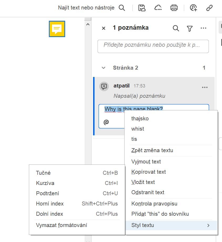 S rozbalovacím oknem možností textu a formátování 