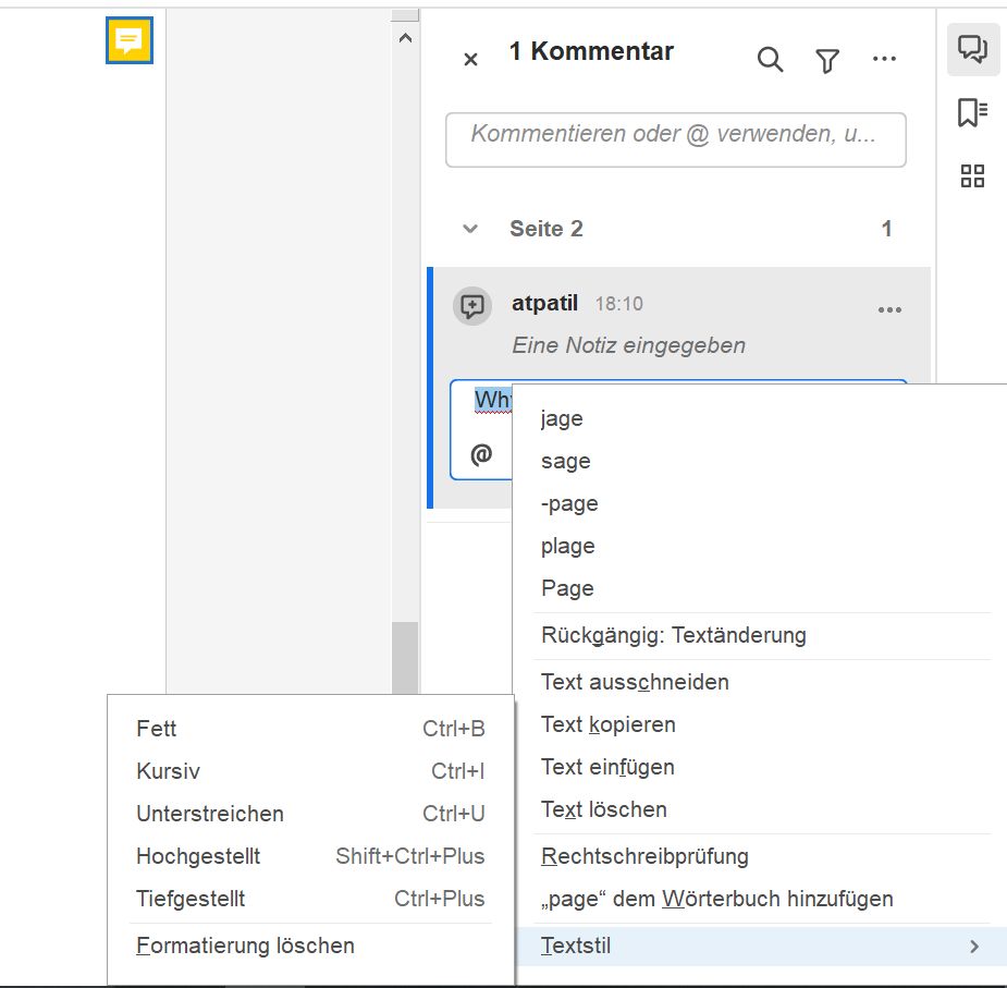 Mit Popup-Text und Formatierungsoptionen 