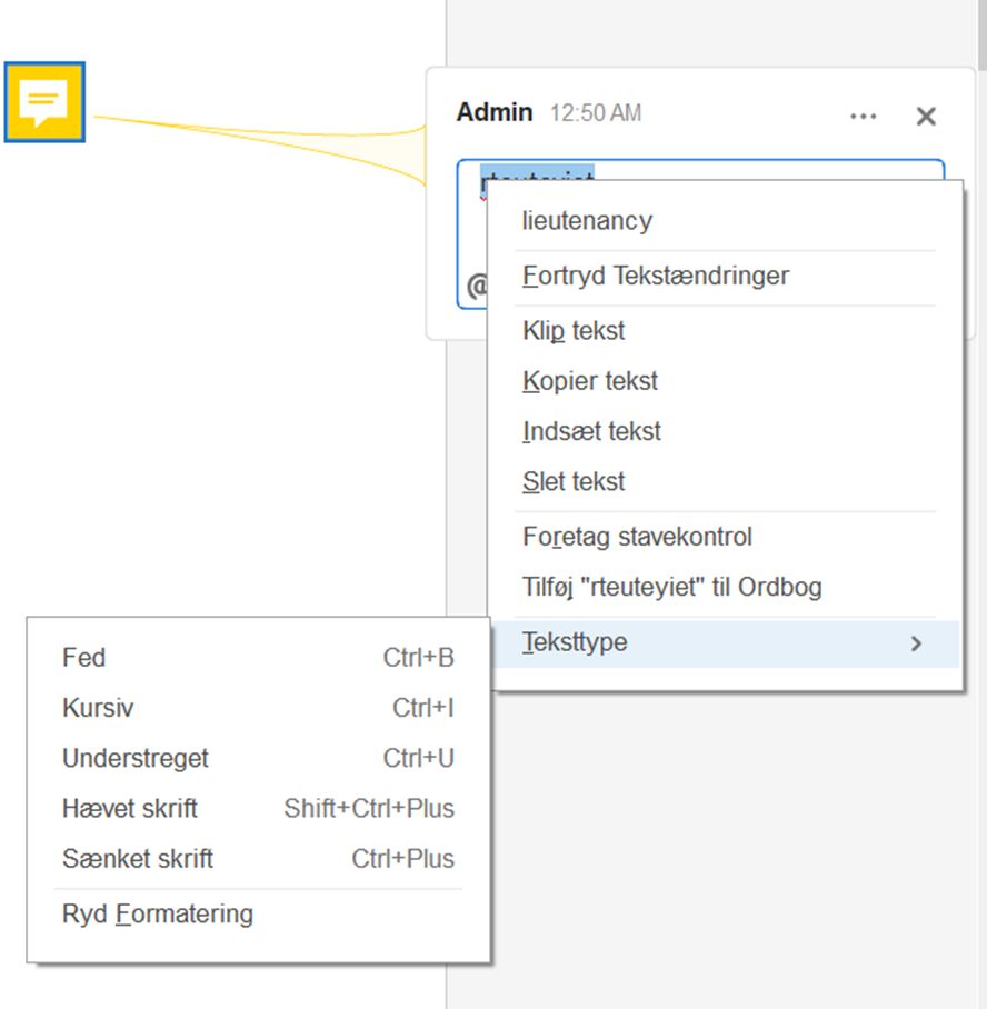 Med pop op-tekst og formateringsindstillinger 