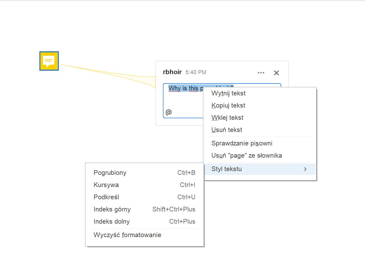 Z wyskakującym tekstem i opcjami formatowania 