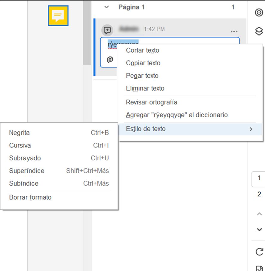 Con texto emergente y opciones de formato 
