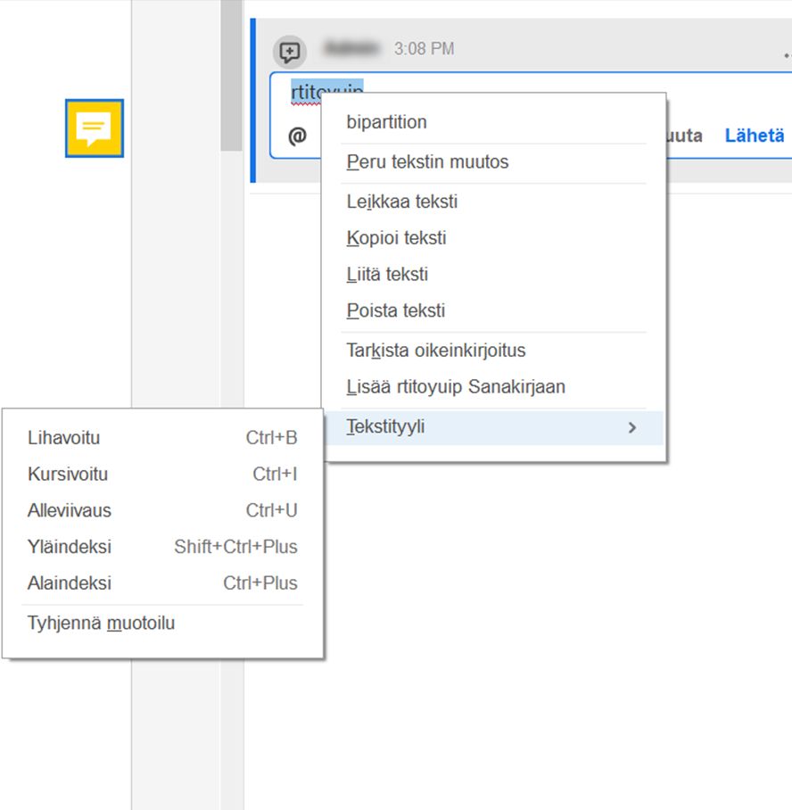 Ponnahdustekstin ja muotoiluasetusten kanssa 