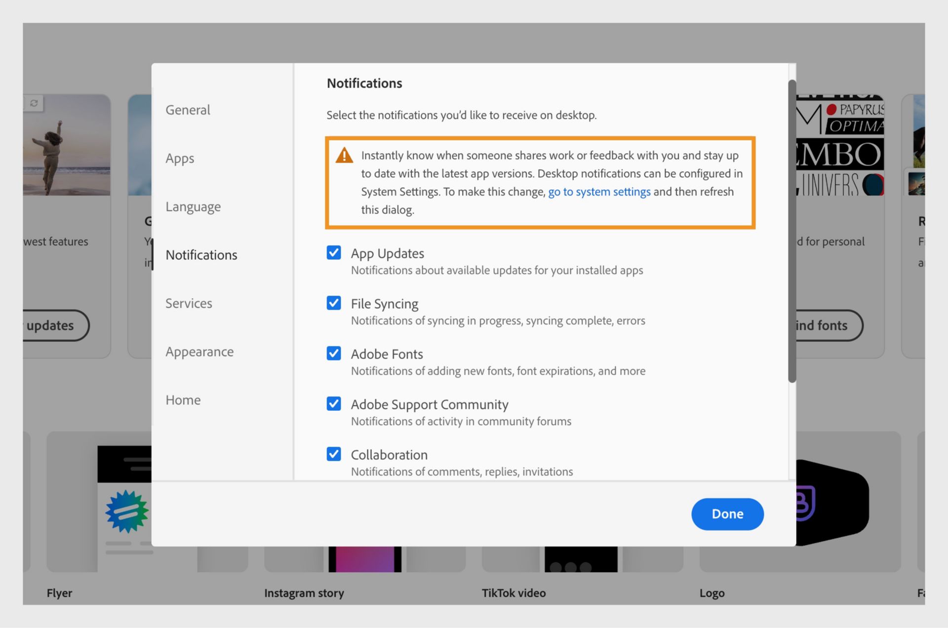 Creative Cloud -tietokonesovelluksen ilmoituspaneelissa näkyy varoitus työpöytäilmoitusten käyttöönotosta.