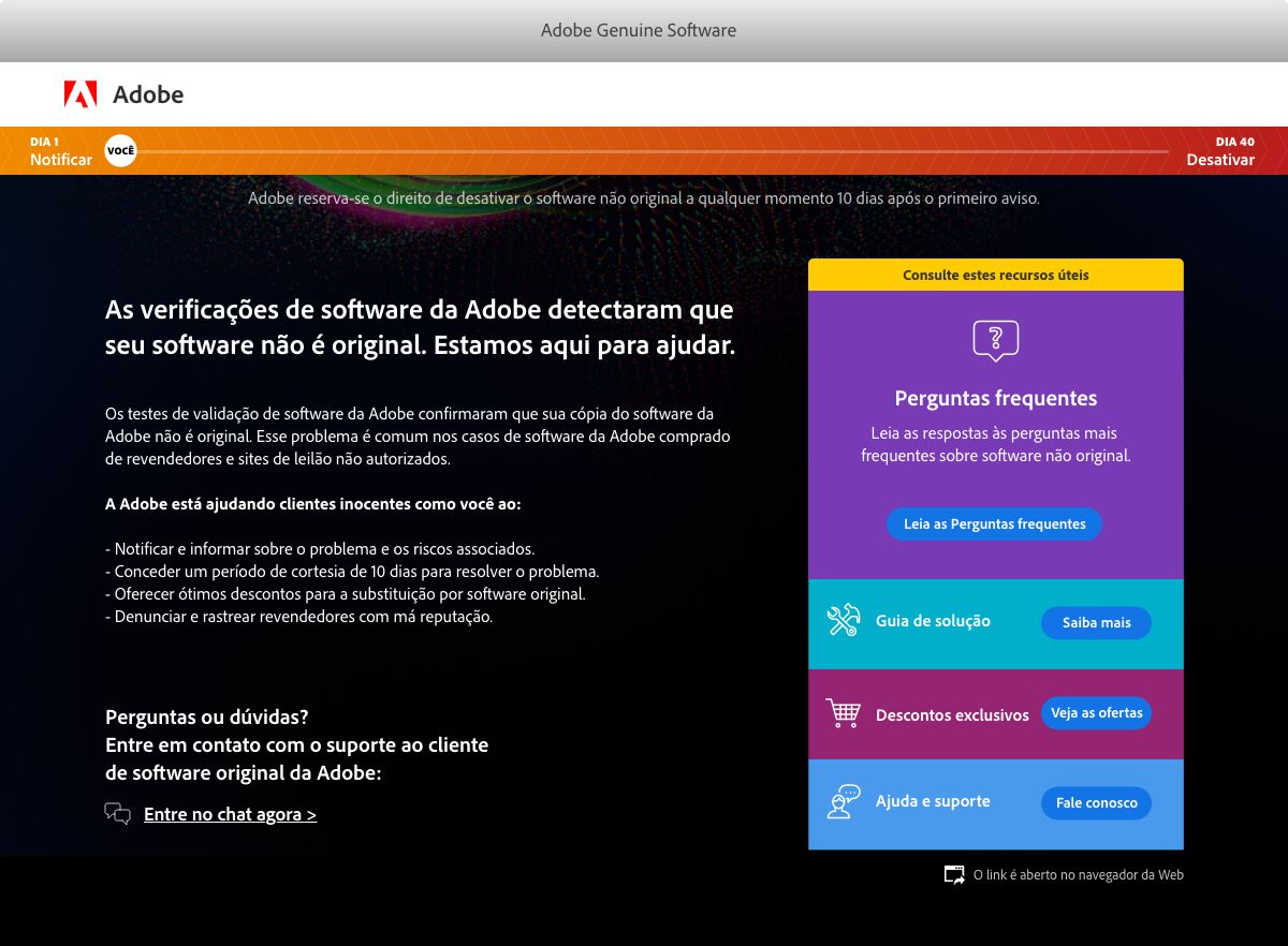 Notificação enviada quando um aplicativo não original está em uso