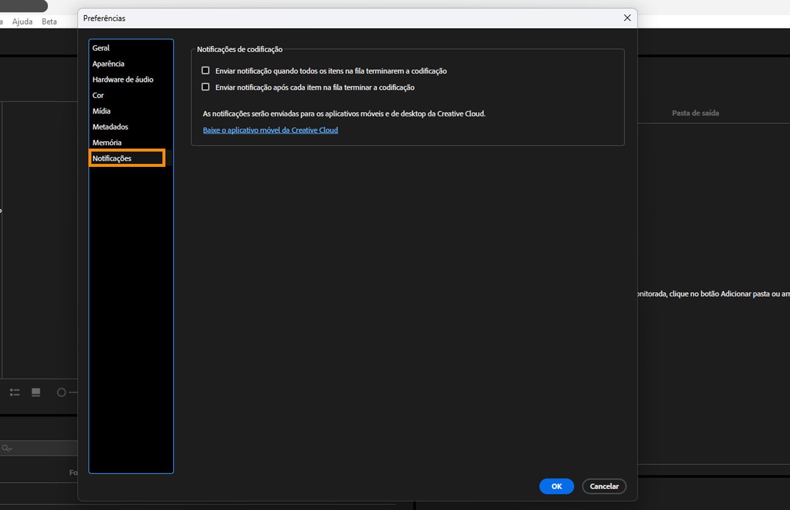 A caixa de diálogo “Preferências” aberta com a guia “Notificações” selecionada, exibindo os campos e opções da guia “Notificações”. 