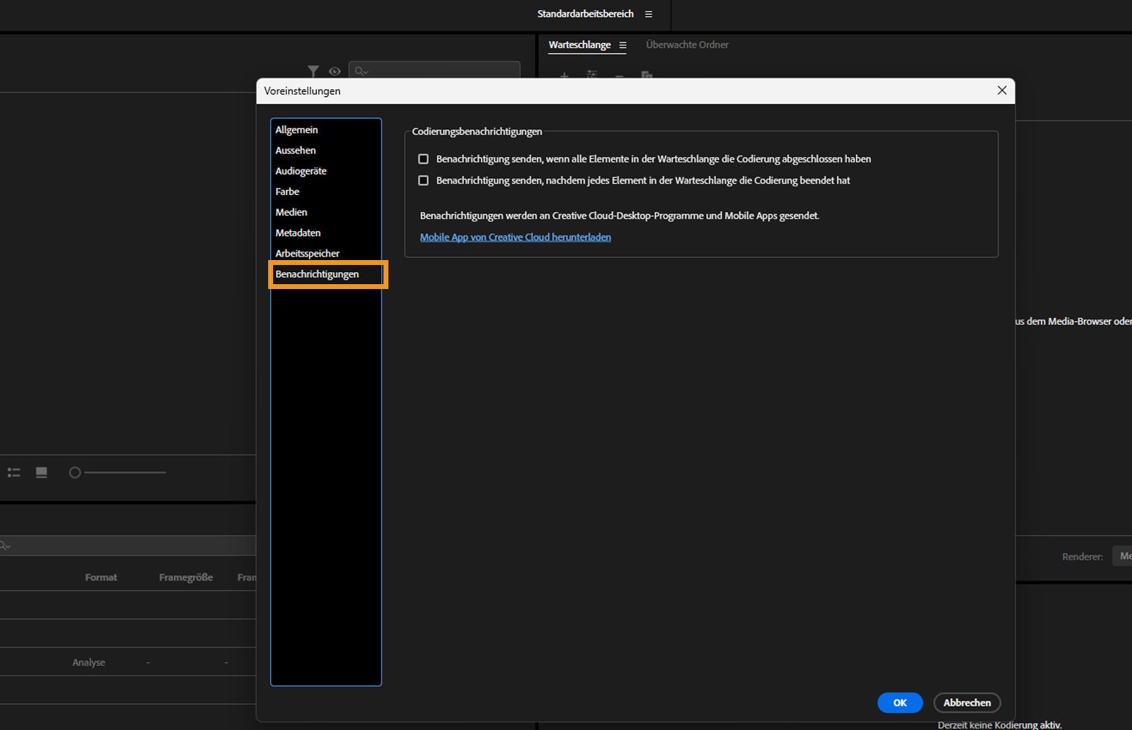Das Dialogfeld „Voreinstellungen“ wird geöffnet, die Registerkarte „Benachrichtigungen“ ist ausgewählt und die Felder und Optionen auf der Registerkarte „Benachrichtigungen“ werden angezeigt. 