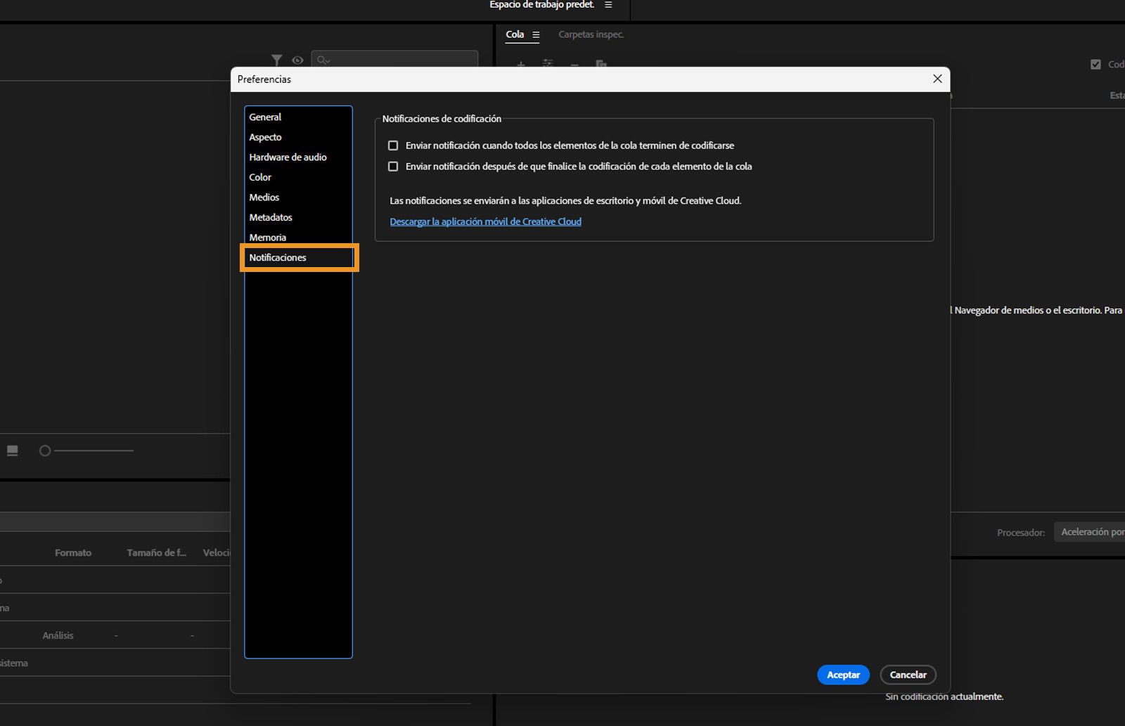 El cuadro de diálogo Preferencias está abierto, se ha seleccionado la pestaña Notificaciones y se muestran los campos y opciones de la pestaña Notificaciones.