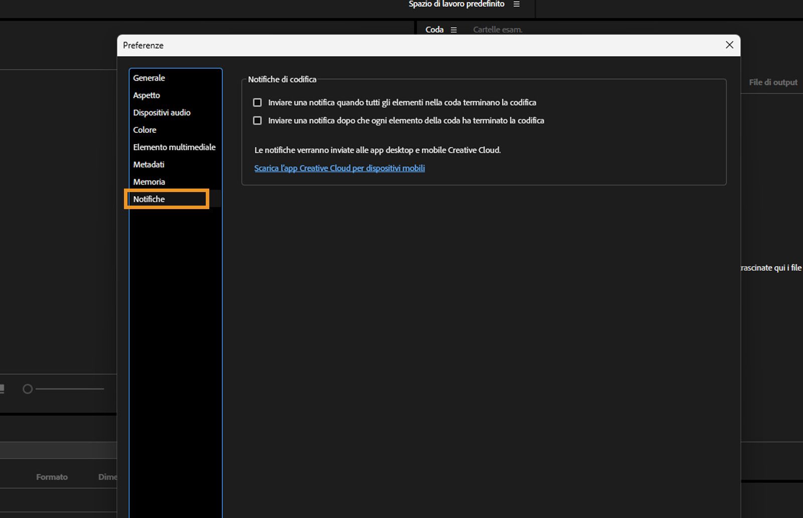La finestra di dialogo Preferenze è aperta, la scheda Notifiche è selezionata e vengono visualizzati i campi e le opzioni nella scheda Notifiche.