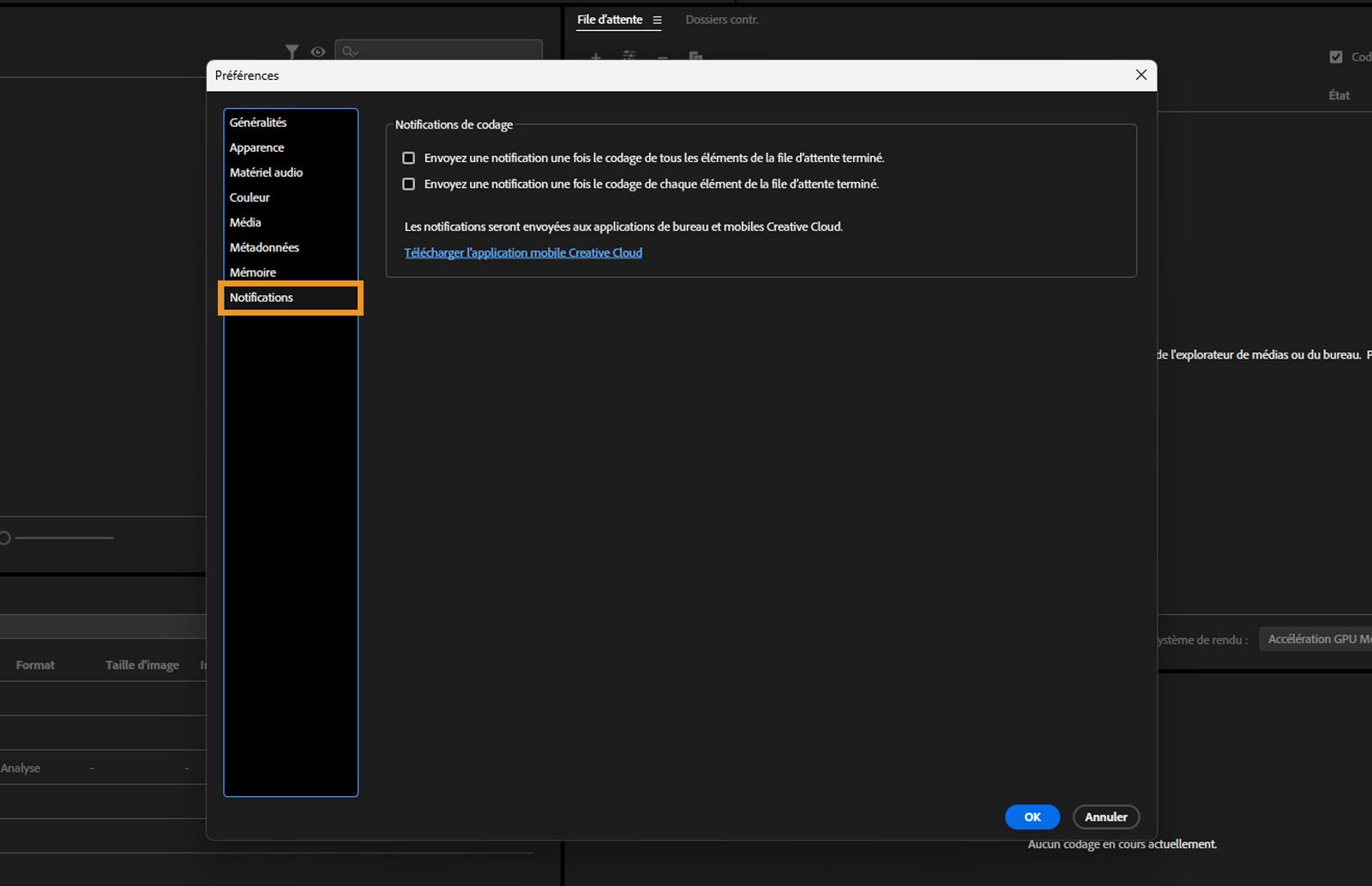 La boîte de dialogue Préférences s’ouvre, l’onglet Notifications est sélectionné et les champs et les options de l’onglet Notifications s’affichent.