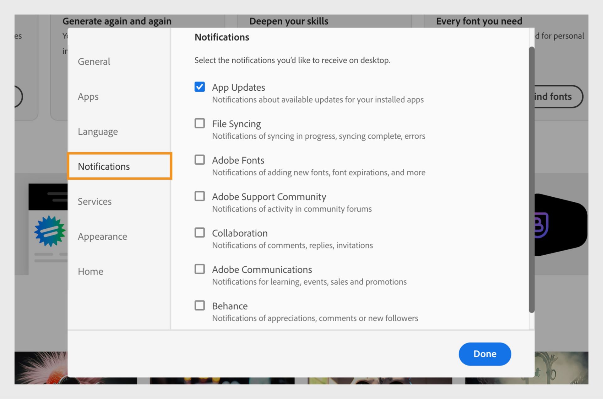 A Creative Cloud asztali alkalmazás Értesítések ablaka többféle értesítést jelenít meg, amelyeket saját választása szerint fogadhat.