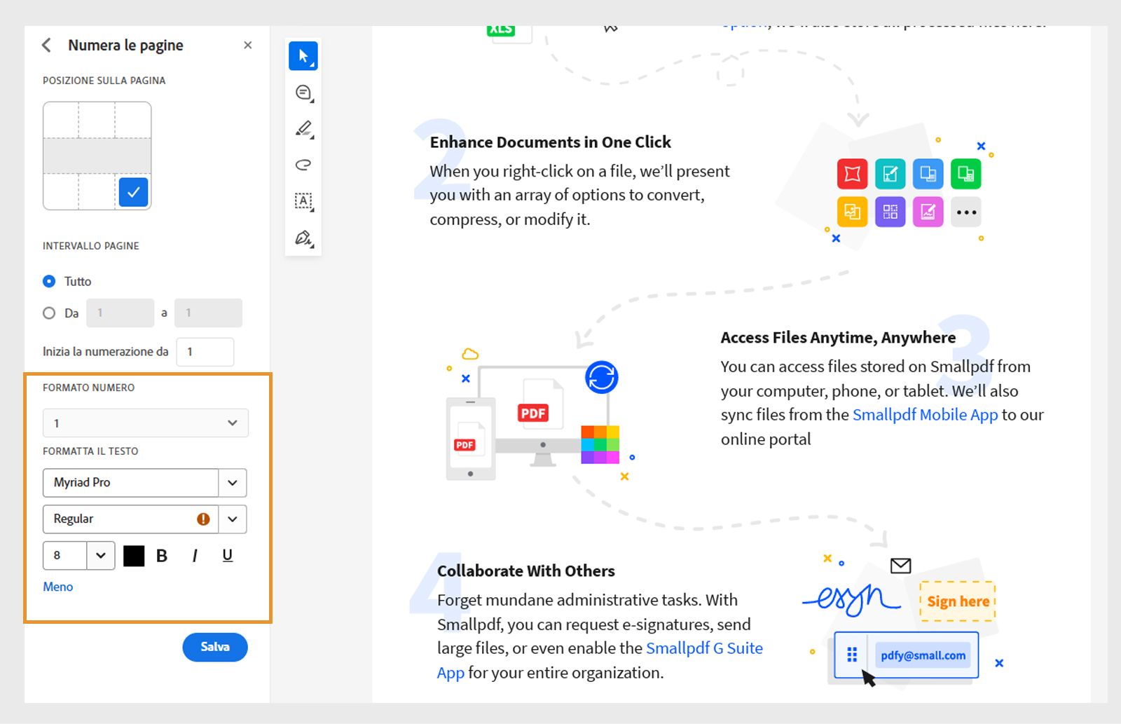 Il documento si apre con gli strumenti di numerazione e formattazione dei numeri. La griglia “Posizione nella pagina” mostra la posizione selezionata. 
