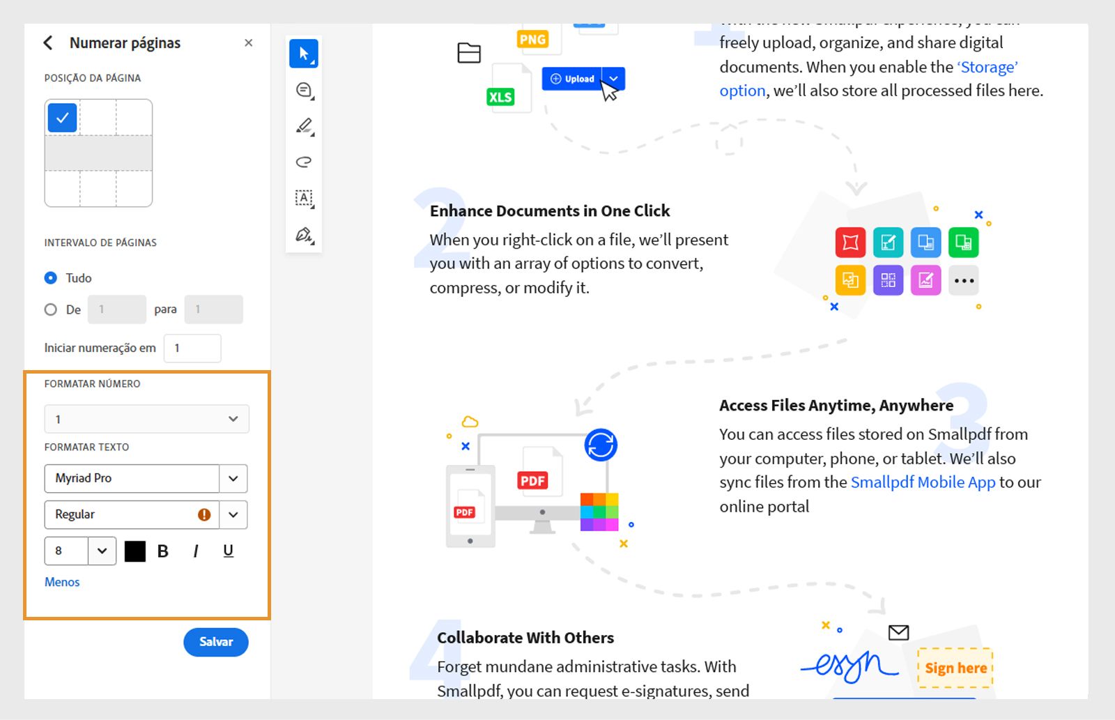 O documento é aberto com ferramentas de numeração e formatação de números. A grade “Posição na página” mostra a posição selecionada. 