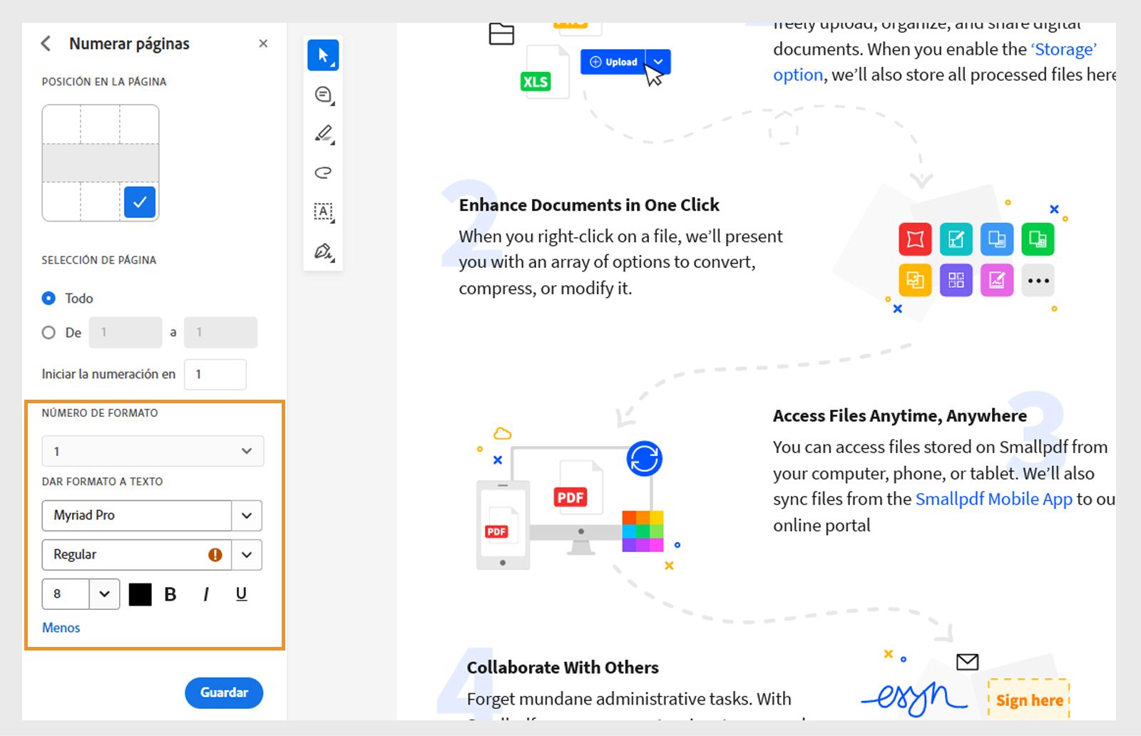El documento se abre con herramientas de numeración y formato de números. La cuadrícula “Posición en la página” muestra la posición seleccionada. 
