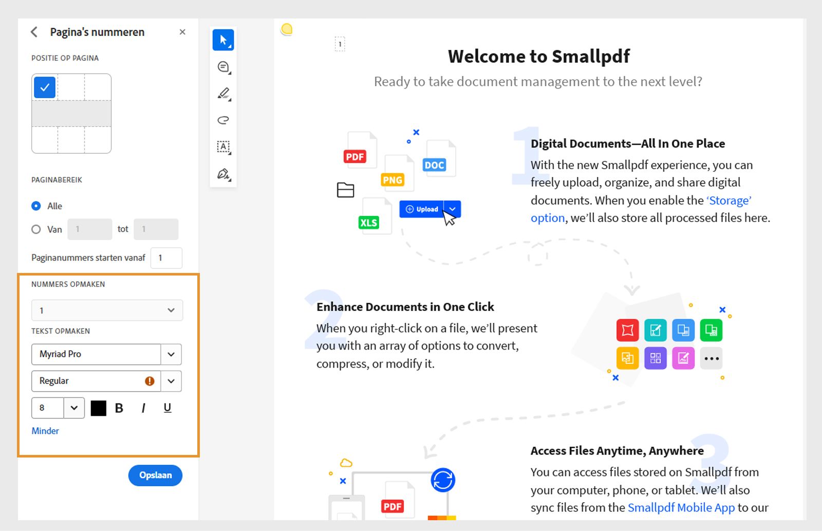 Het document wordt geopend met tools voor nummering en nummeropmaak. Het raster Positie op de pagina toont de geselecteerde positie. 