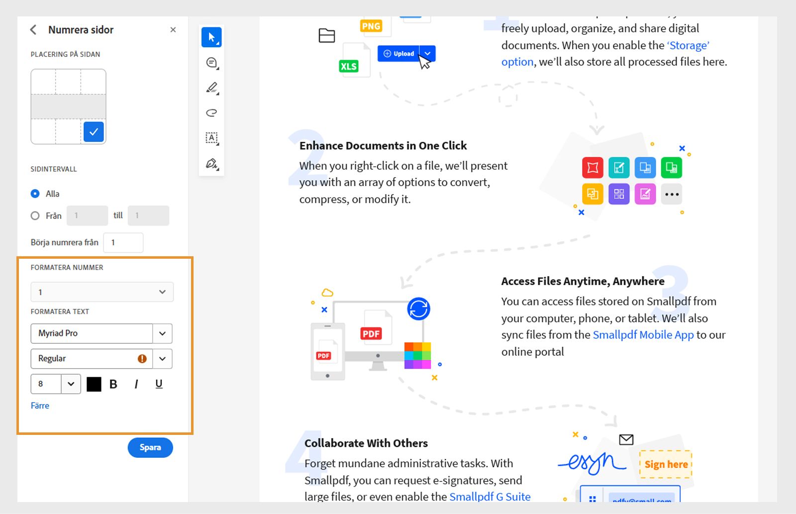 Dokumentet öppnas med numrerings- och nummerformateringsverktyg. Rutnätet ”Position på sida” visar den valda positionen. 