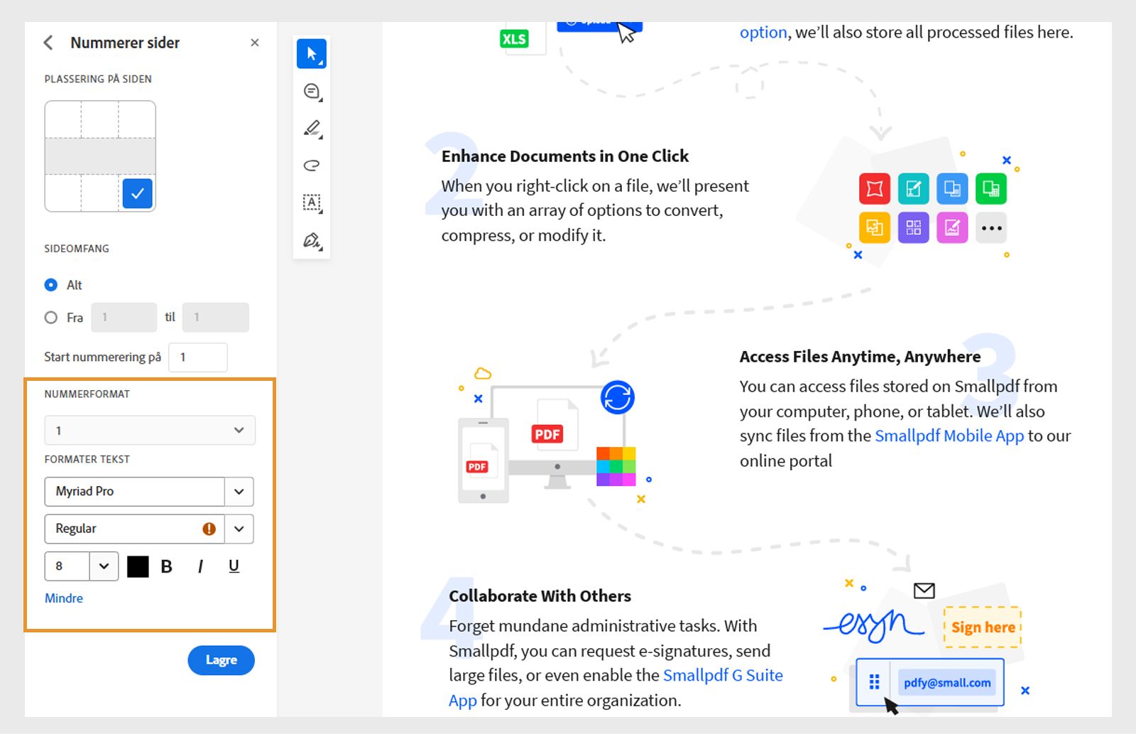 Dokumentet åpnes med verktøy for nummerering og nummerformatering. Rutenettet «Plassering på siden» viser den valgte plasseringen. 