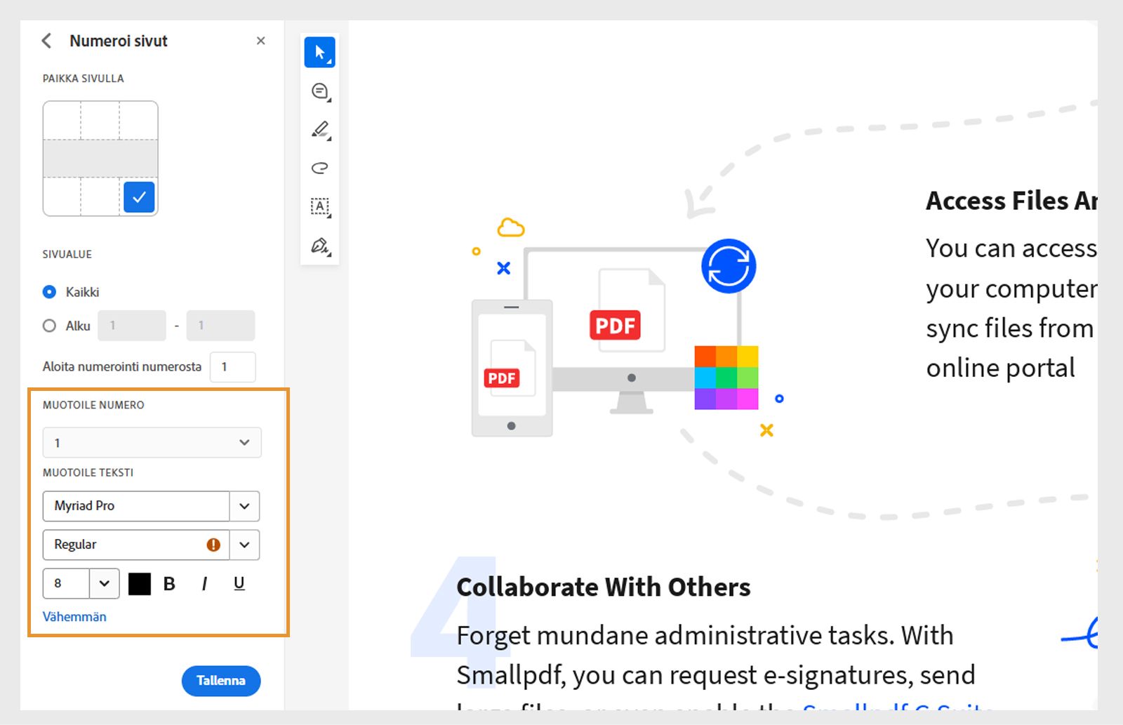 Asiakirja avautuu numerointi- ja numeromuotoilutyökaluilla. Sijainti sivulla -ruudukko näyttää valitun sijainnin. 