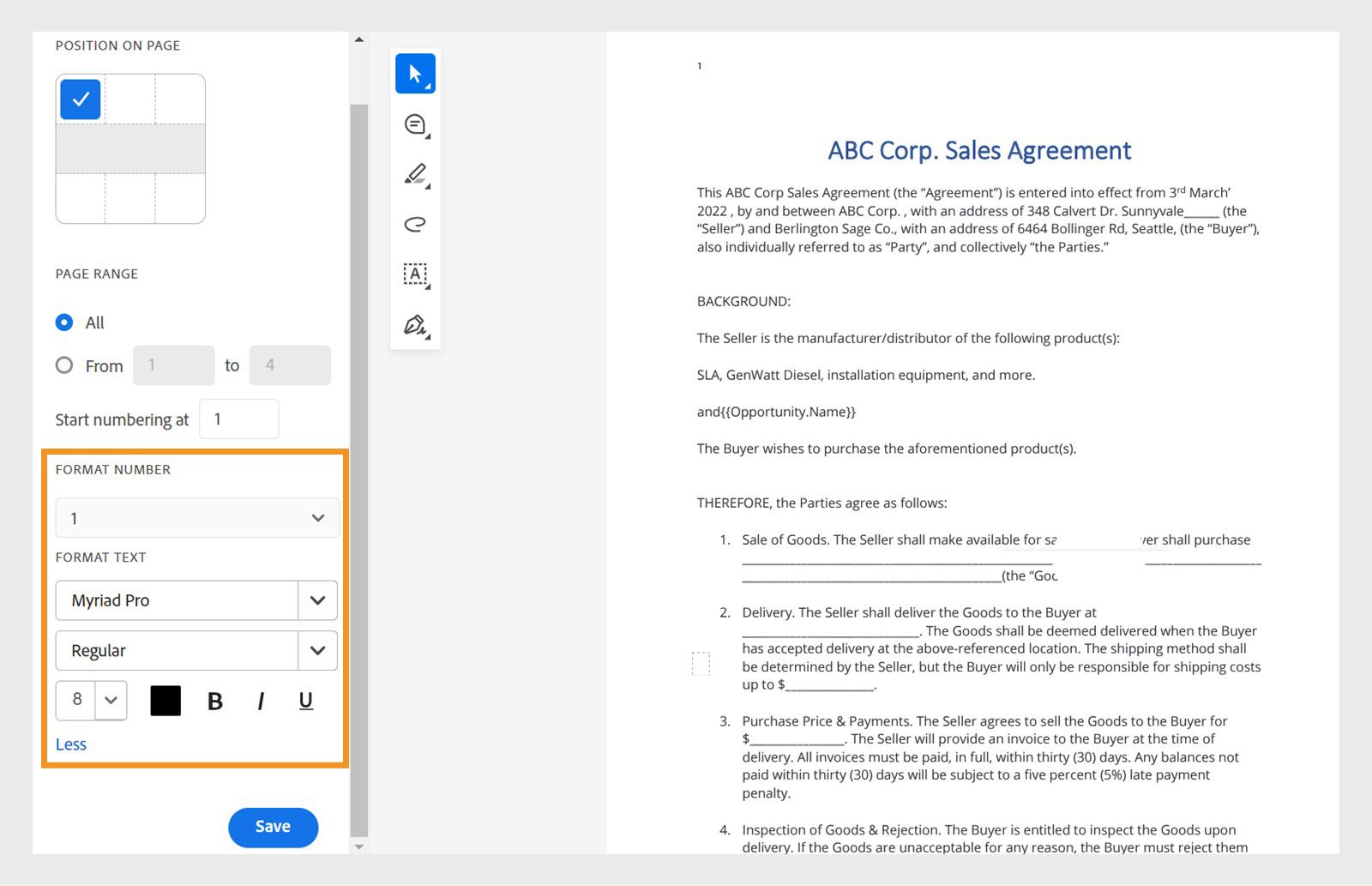 Bubukas ang dokumento na may numbering at number formatting tool. Ipinapakita ng 'Position on Page' grid ang napiling posisyon. 
