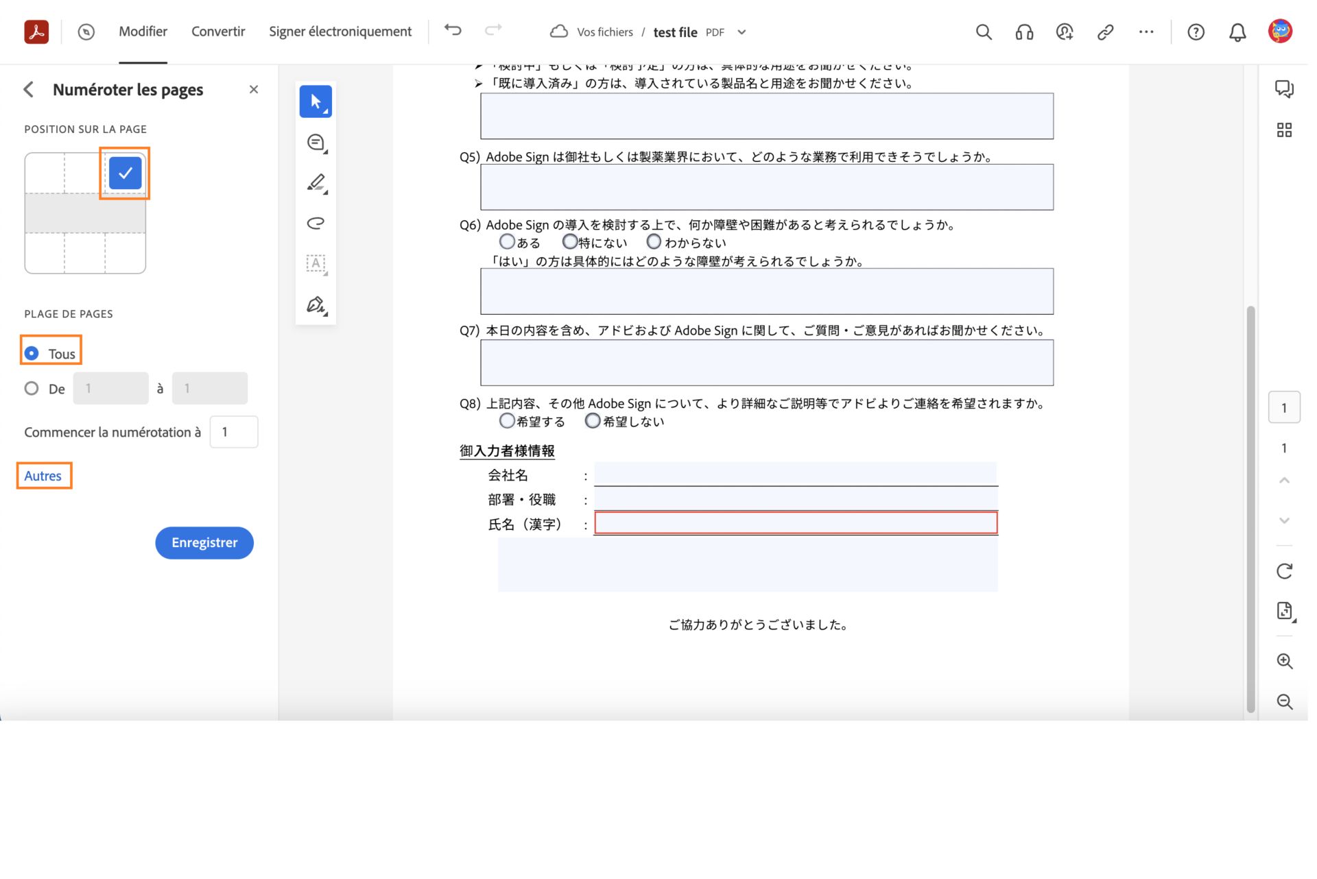 Sélectionnez la position du numéro de page et l’étendue de pages.