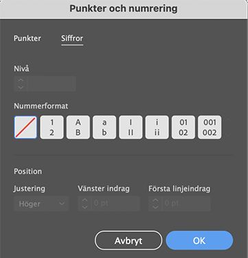 Förinställningar för siffror