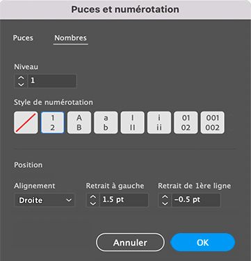 Préréglages pour les nombres