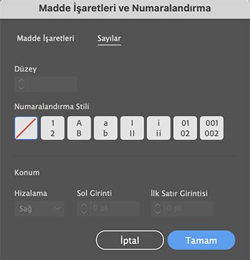 Sayılar için hazır ayarlar