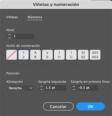 Ajustes preestablecidos para números