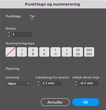Forudindstillinger for tal