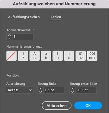 Voreinstellungen für Zahlen