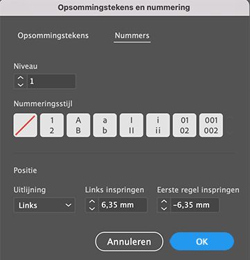 Voorinstellingen voor nummers