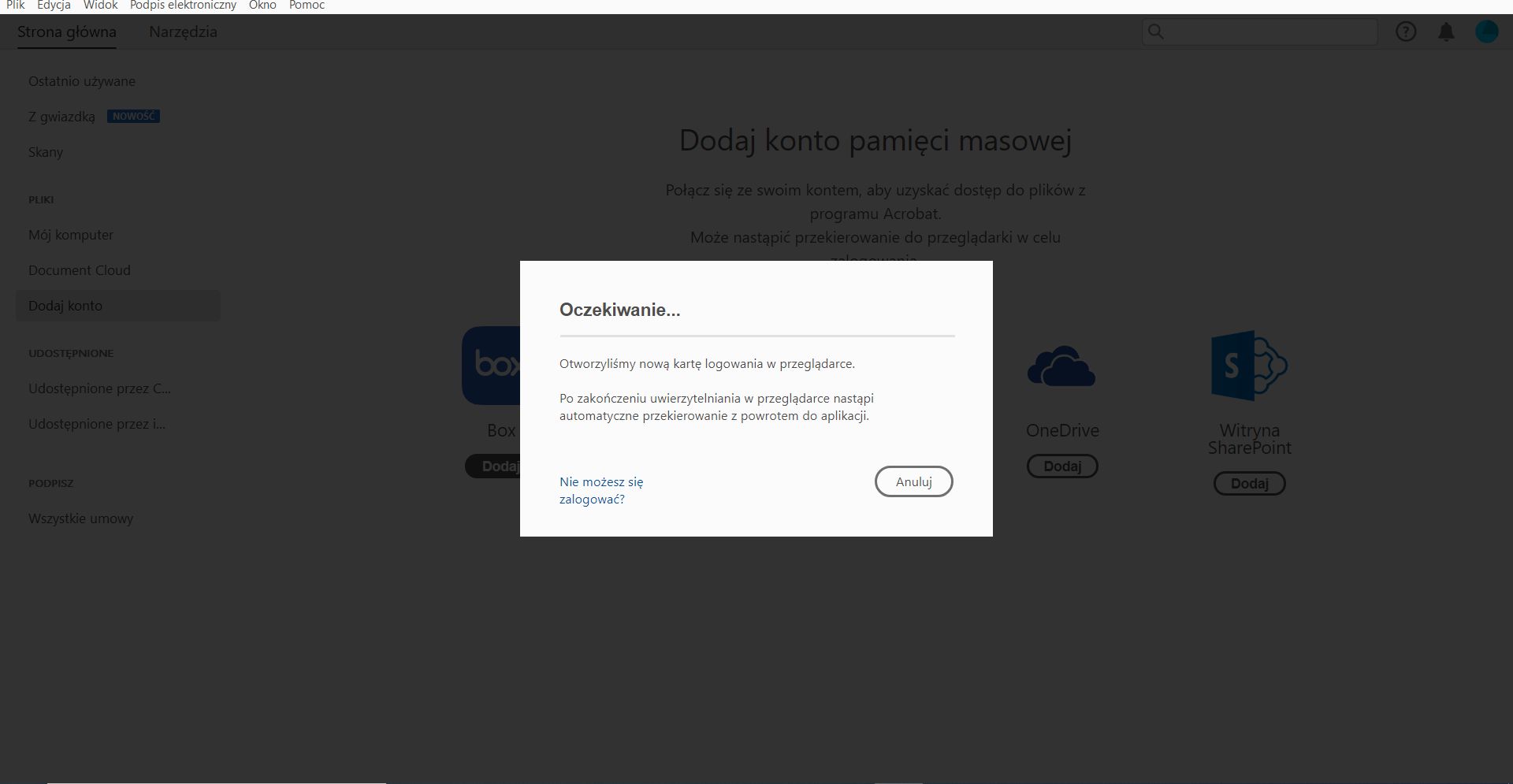 Monit przeprowadzający przez proces logowania