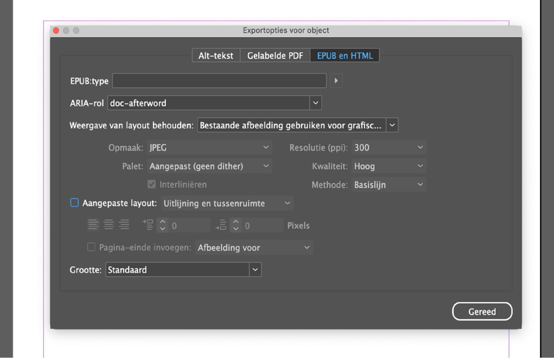Screenshot van het venster Exportopties voor object in Adobe InDesign met het tabblad EPUB en HTML actief, met SVG-opties voor de SVG-indeling en een vervolgkeuzelijst voor 'SVG gebruiken als' met selecties zoals Insluitcode, Objectlabels en Afbeeldingslabels.