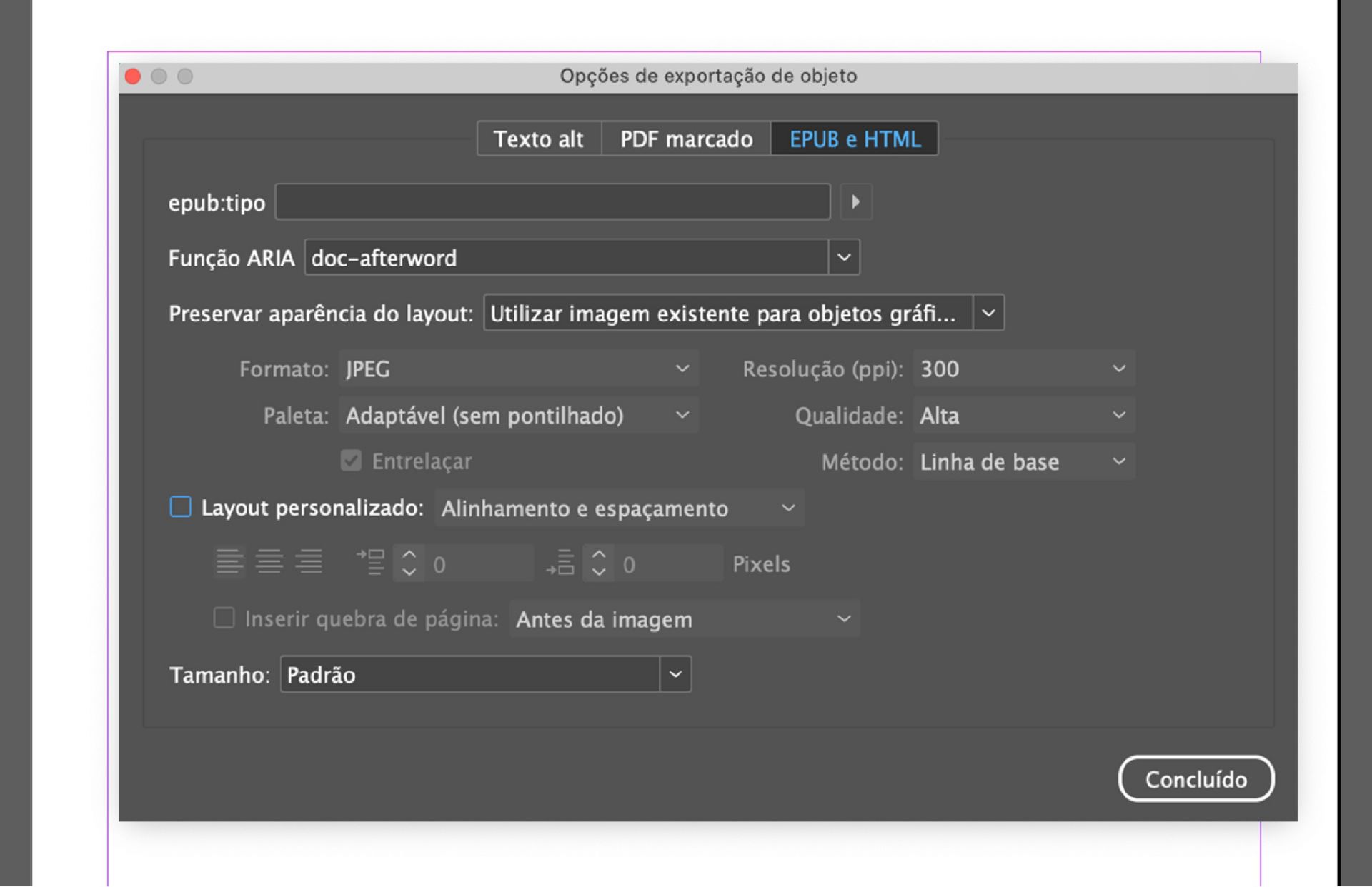 Captura de tela da janela Opções de exportação do objeto no Adobe InDesign com a guia EPUB e HTML ativa, exibindo opções de formato SVG e um menu suspenso para Usar SVG Como com seleções como Código de Incorporação, Marcas de objeto e Marcas de imagem.