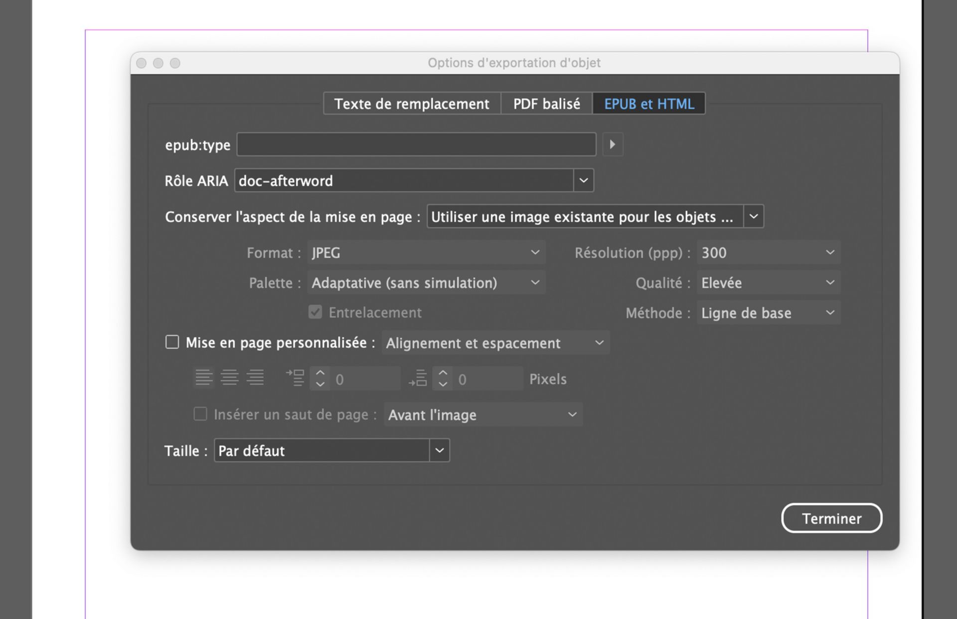 Capture d’écran de la fenêtre Options d’exportation d’objet dans Adobe InDesign avec l’onglet EPUB et HTML actif, avec les options de format SVG et un menu déroulant pour « Utiliser SVG sous » avec des sélections telles que Code d’incorporation, Balises d’objet et Balises d’image.