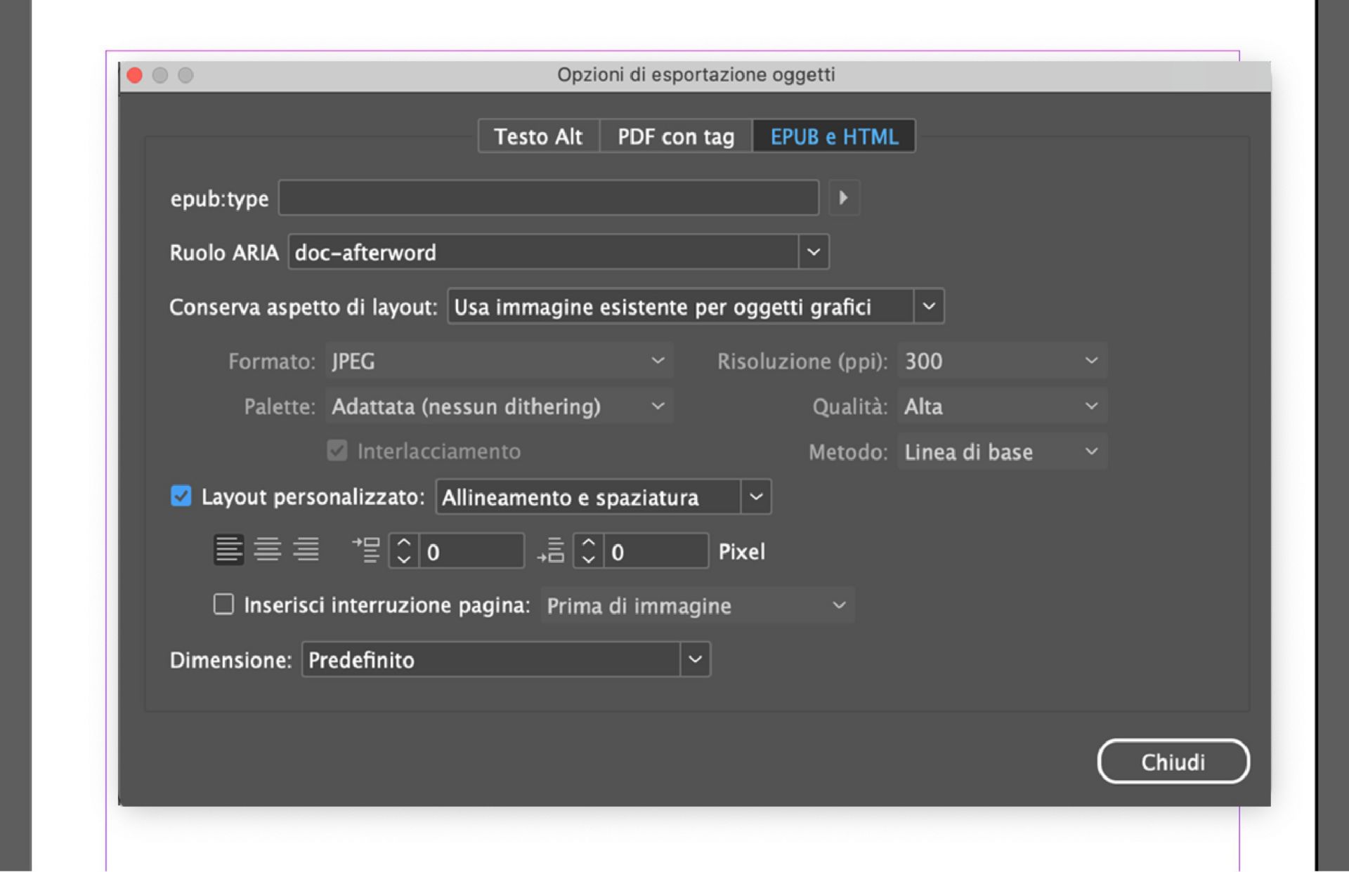 Schermata della finestra Opzioni di esportazione oggetti di Adobe InDesign in cui è attiva la scheda EPUB e HTML e in cui compaiono le opzioni del formato SVG e un elenco a discesa &quot;Usa SVG come&quot; con selezioni come Codice di incorporamento, Tag oggetto e Tag immagine.