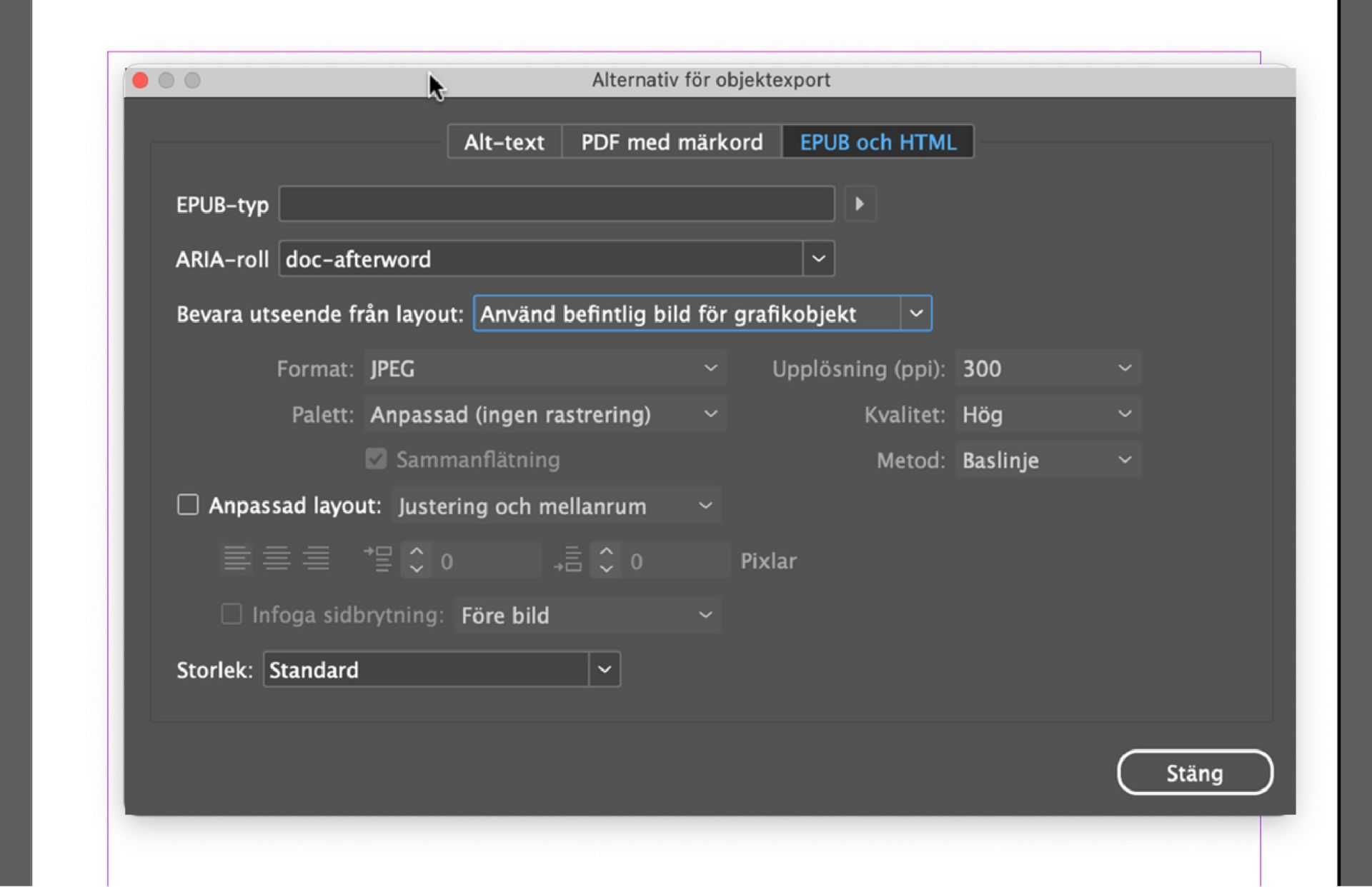 Skärmbild av objektexportsalternativfönstret i Adobe InDesign med EPUB- och HTML-fliken aktiv där SVG-formatalternativ och en listruta för ”Använd SVG som” med val som Inbäddningskod, Objekttaggar och Bildtaggar visas.