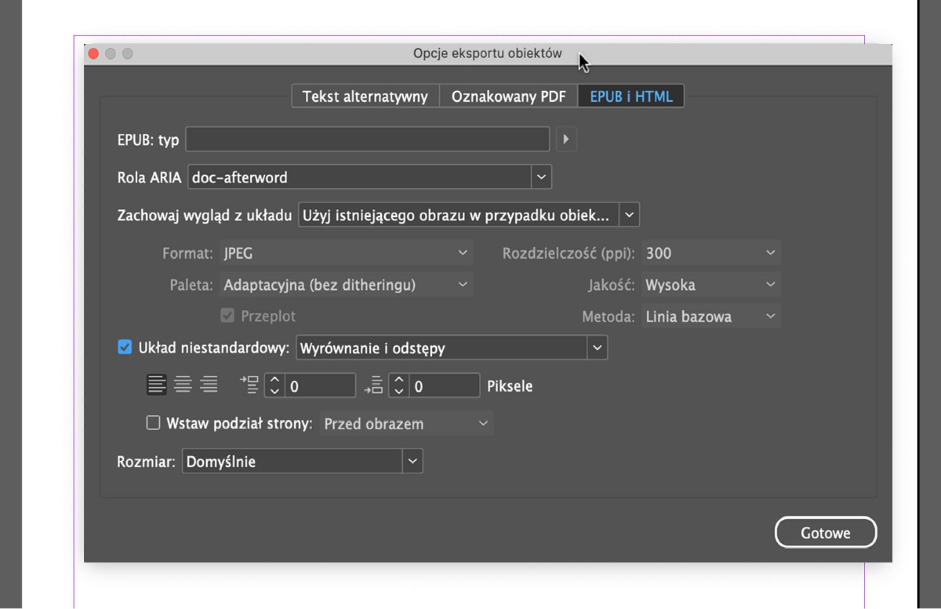 Zrzut ekranu okna Opcje eksportowania obiektów w programie Adobe InDesign z aktywną kartą EPUB i HTML, na której widoczne są opcje formatu SVG oraz menu rozwijane „Używaj SVG jako” z opcjami takimi jak Kod osadzenia, Znaczniki obiektu i Znaczniki obrazu.